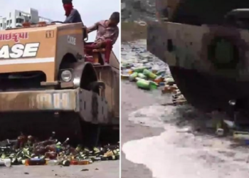 ড্ৰাট ষ্টেট গুজৰাটৰ ৰাজপথত হঠাৎ সুৰাৰ নৈ,  ভিডিঅ’টো দেখি হৃদয় ভাঙিলে সুৰাপায়ীৰ